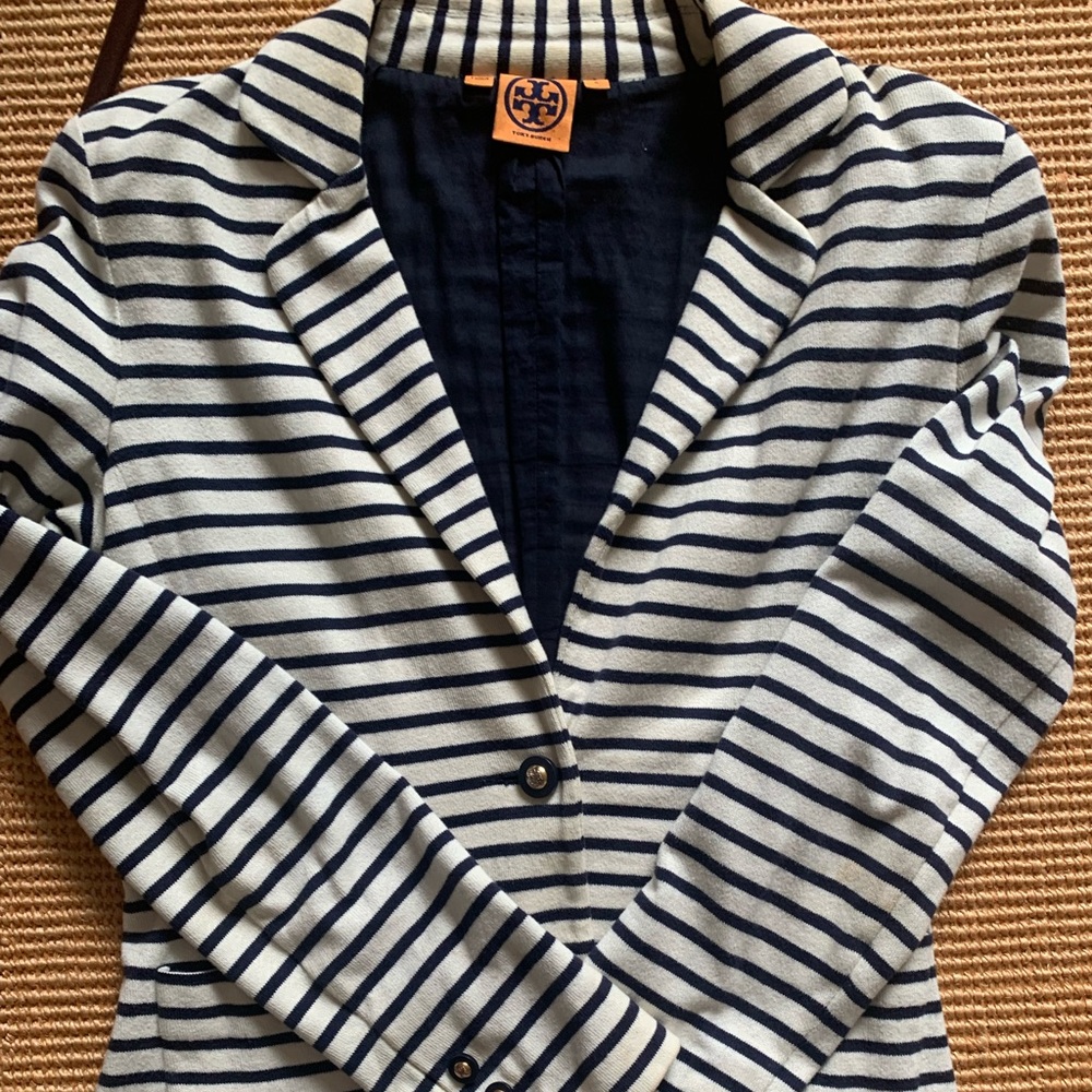 Tory Burch navy and cream cotton-knit blazer Size S